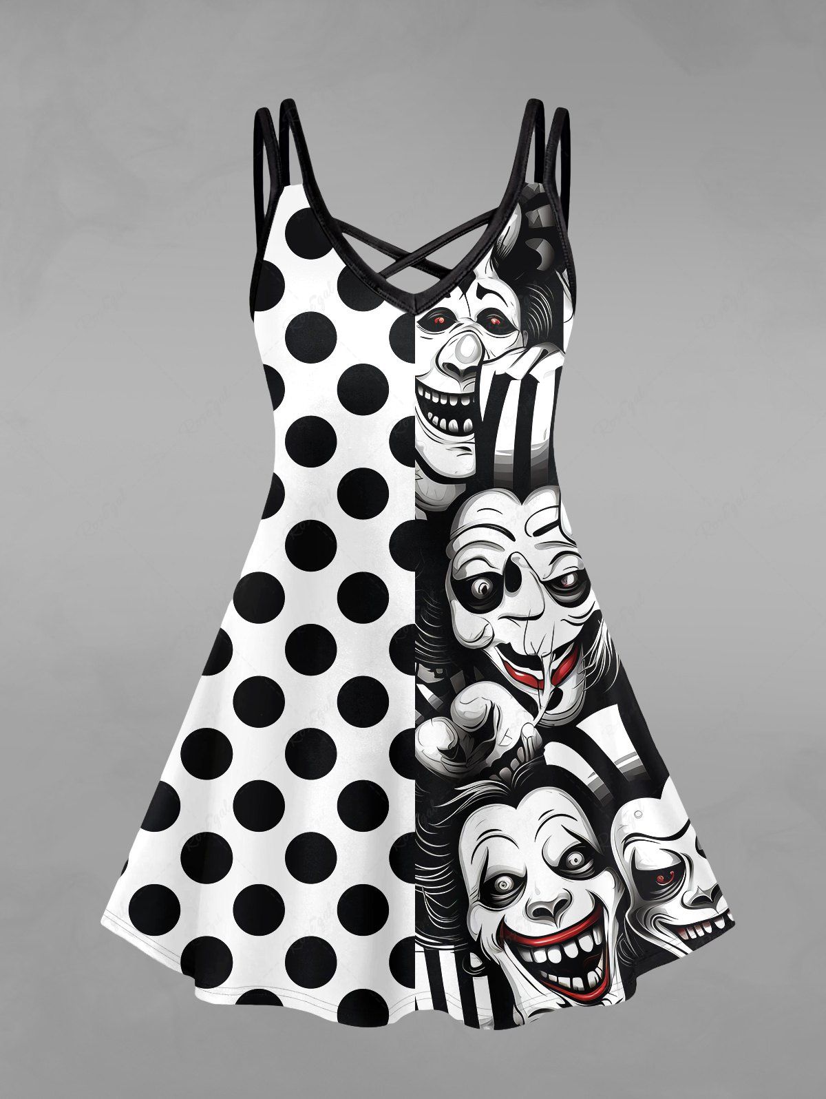 Gothic Plus Size Polka Dot Clown Face Print Crisscross Cami Dress