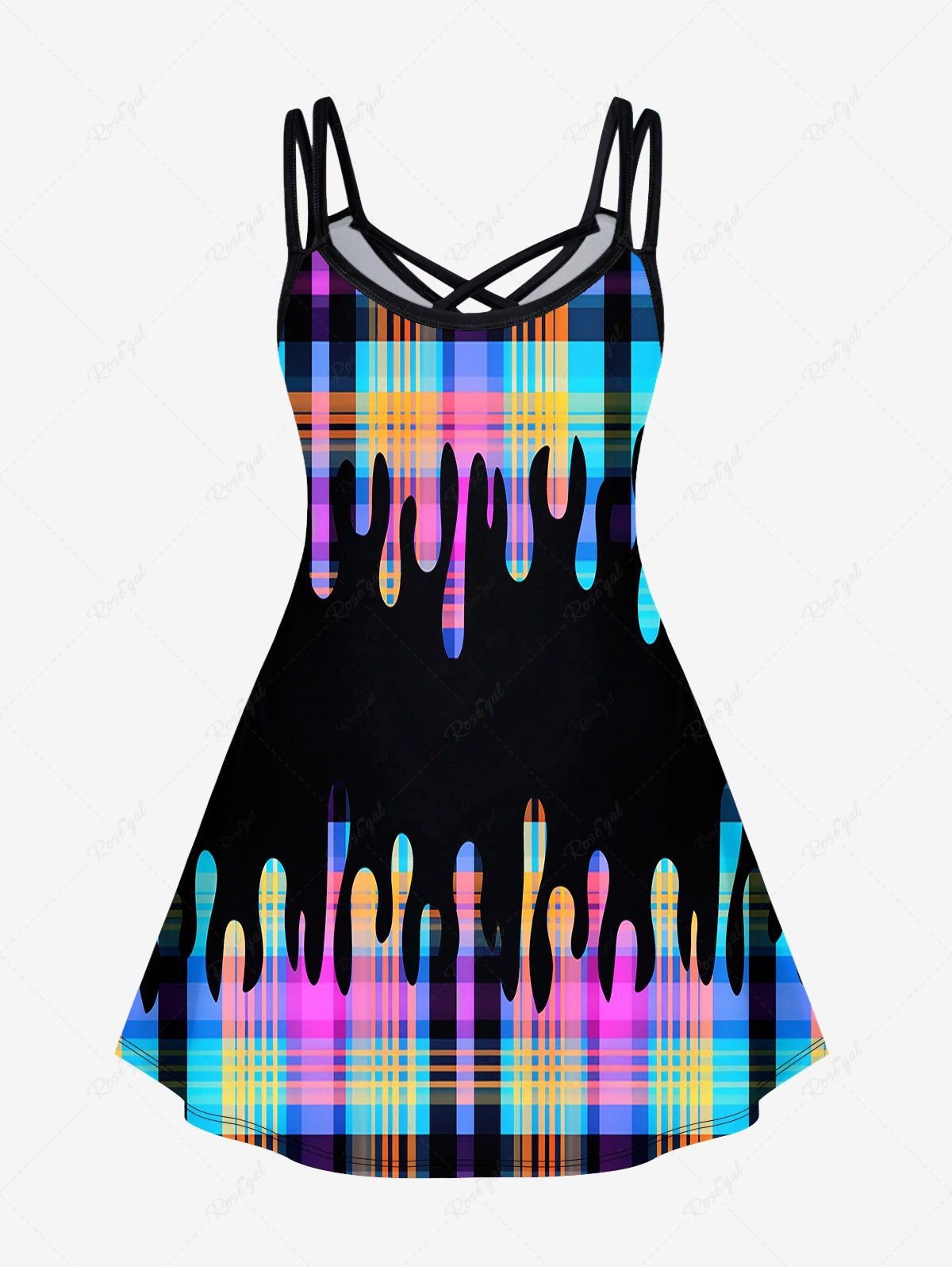 Gothic Plus Size Colorful Plaid Paint Drop Blobs Print Crisscross Cami Dress