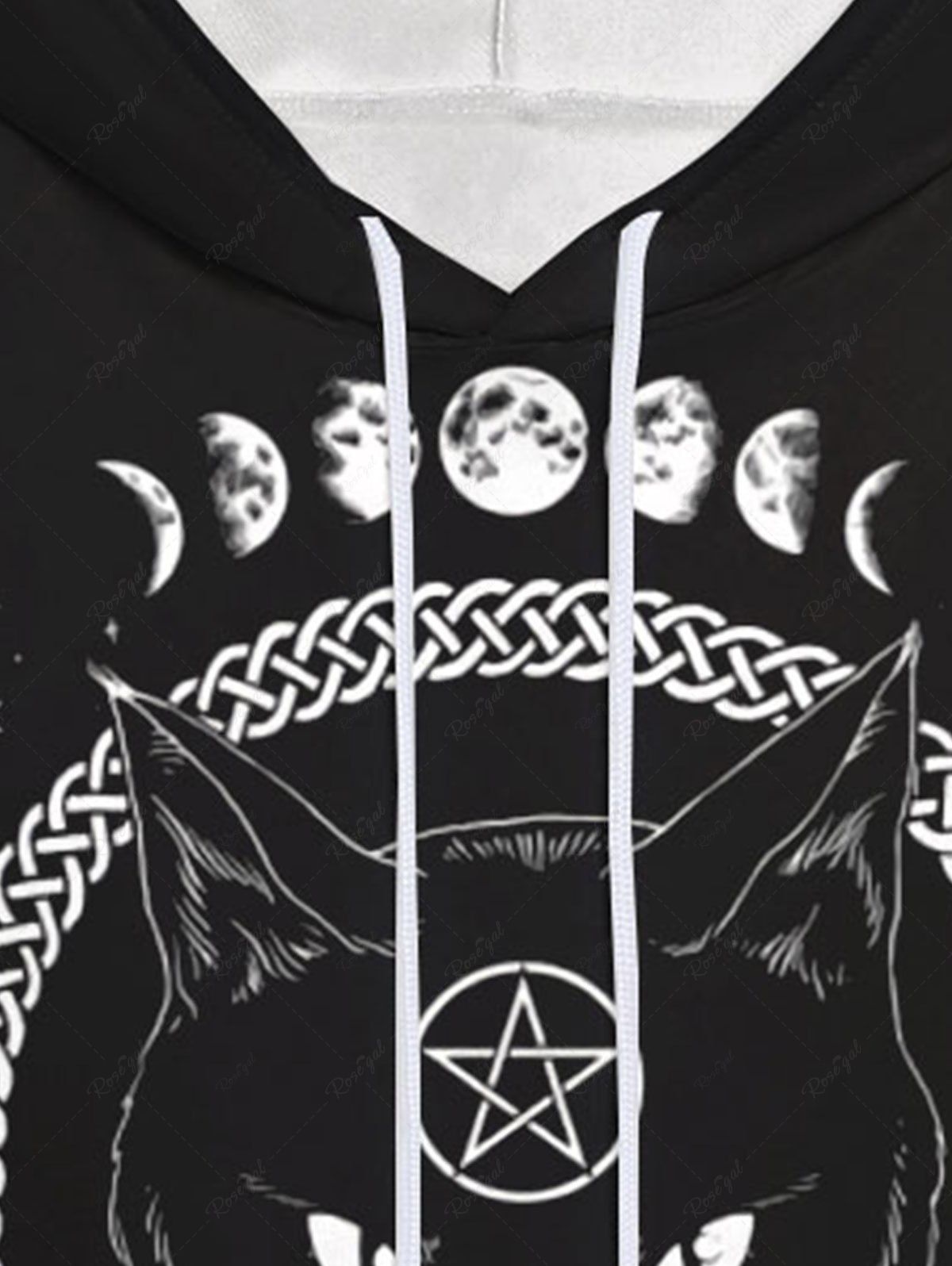 Gothic 3D Cat Moon Braided Star Print Pocket Drawstring Hoodie For Men