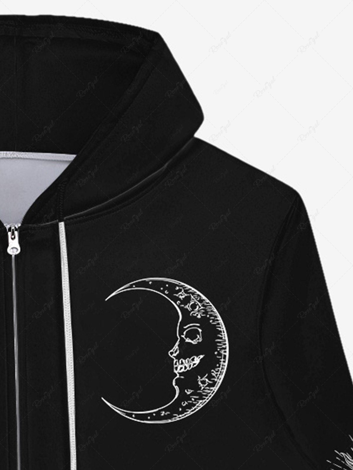 Gothic Sun Moon Print Full Zipper Drawstring Hoodie For Men