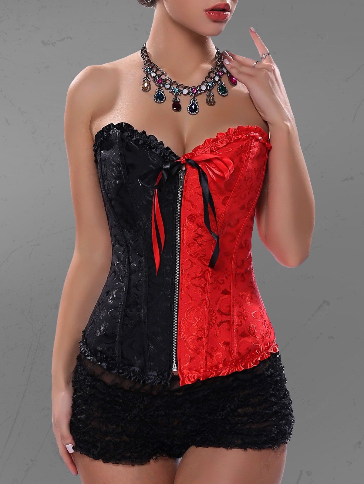 Gothic Plus Size Full Zipper Embossed Lace Up Ruffles Bowknot Tied Two Tone Corset