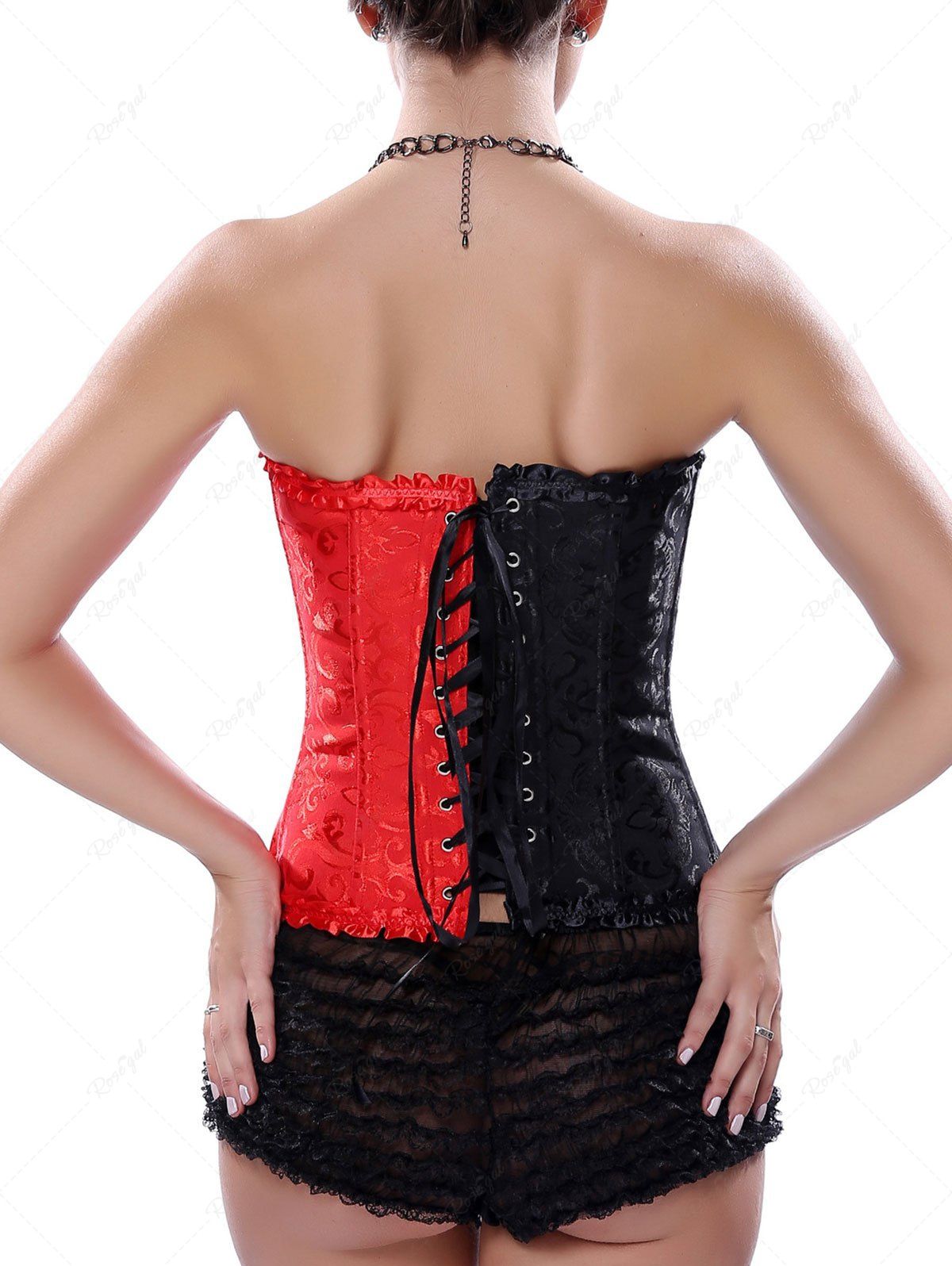 Gothic Plus Size Full Zipper Embossed Lace Up Ruffles Bowknot Tied Two Tone Corset