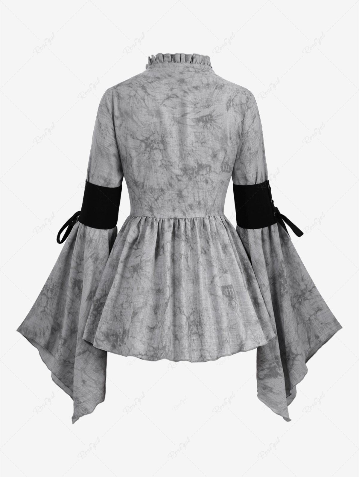 Gothic Lace Up Flare Sleeves Ruffles Layered Tie Dye Asymmetric Buttons Blouse