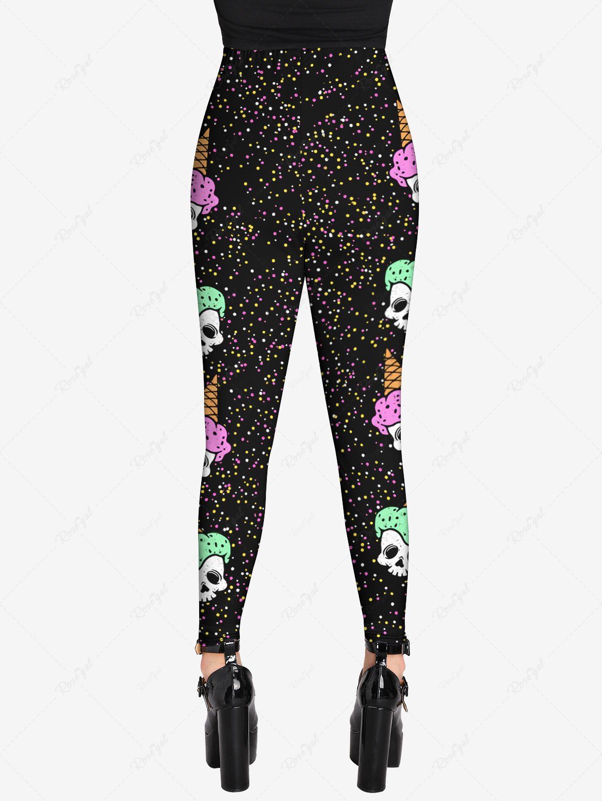 Gothic Plus Size 3D Skulls Colorful Ice Cream Print Skinny Leggings