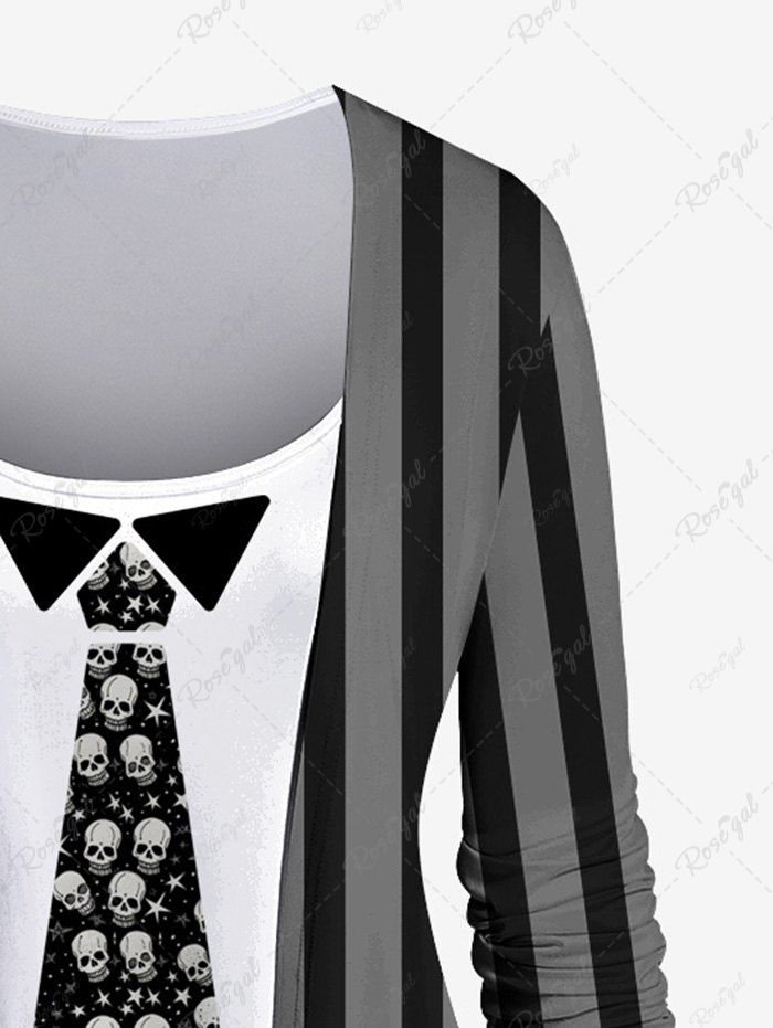 Gothic Plus Size 3D Skulls Tie Striped Print Patchwork Halloween 2 in 1 Asymmetric T-shirt