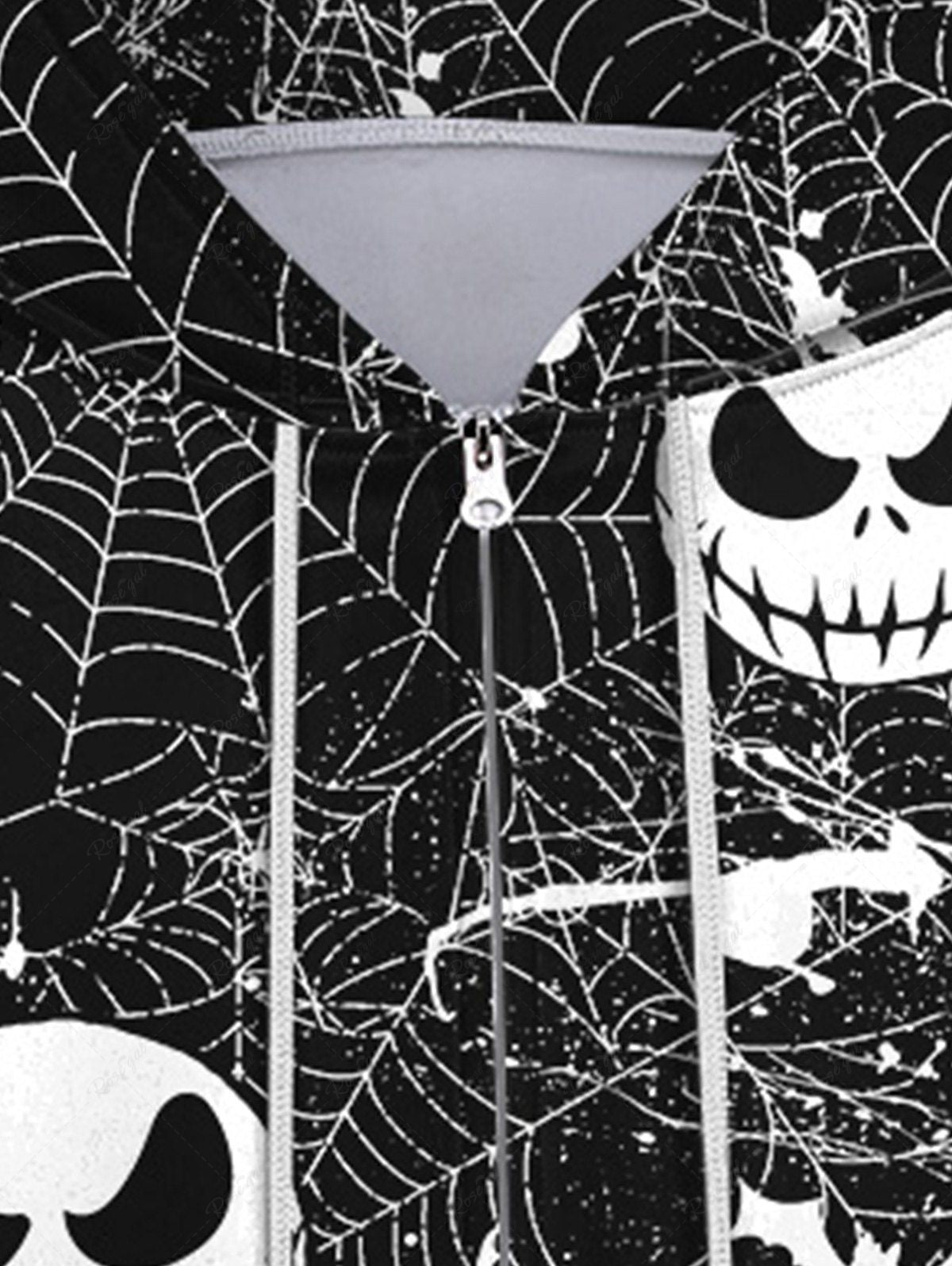 Gothic Spider Web Bat Pumpkin Skull Print Halloween Zipper Drawstring Hoodie For Men