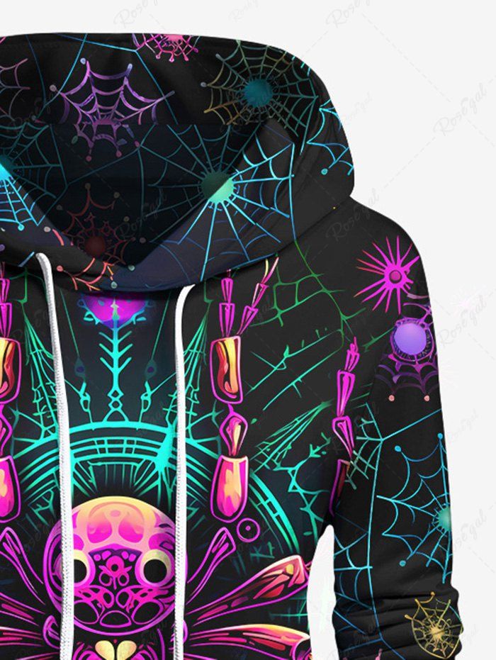 Gothic Plus Size 3D Glitter Spider and Spider-web Print Kangaroo Pocket Drawstring Halloween Hoodie