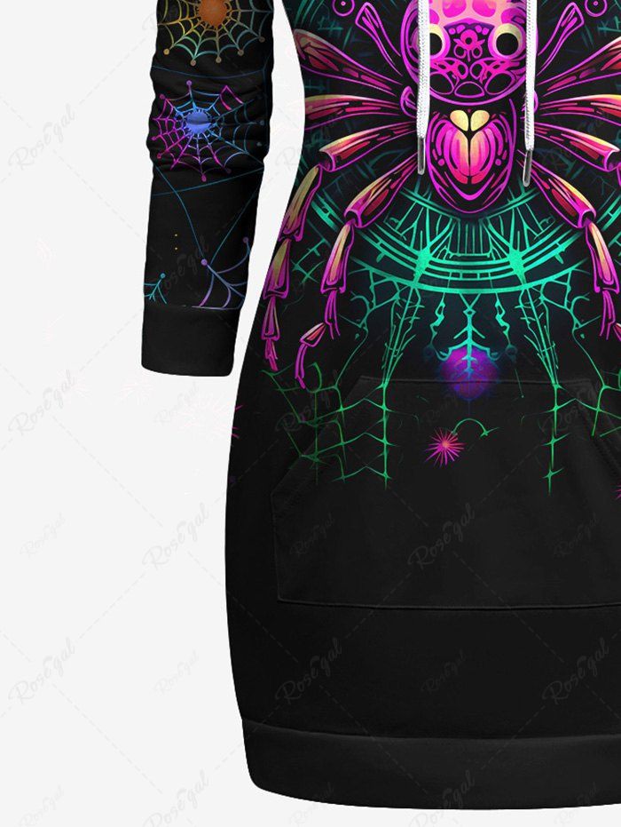 Gothic Plus Size 3D Glitter Spider and Spider-web Print Kangaroo Pocket Drawstring Halloween Hoodie