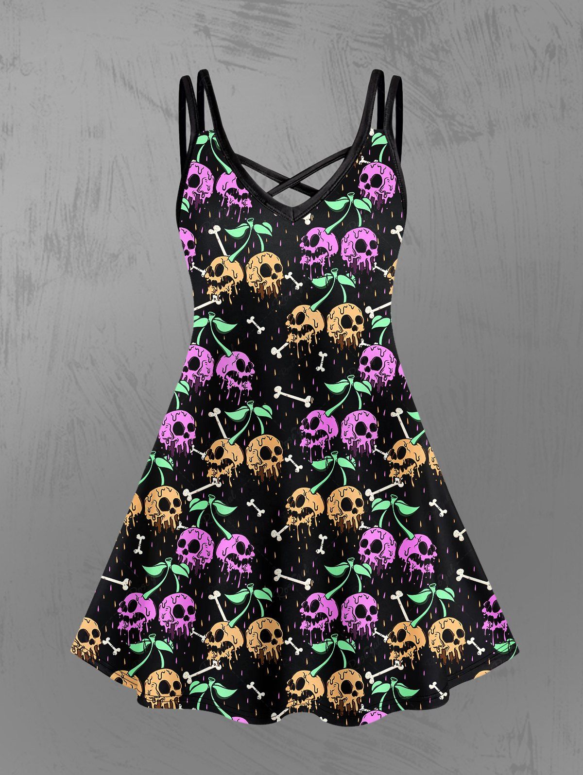 Gothic Plus Size 3D Skulls Cherry Bone Print Halloween Crisscross Cami Dress