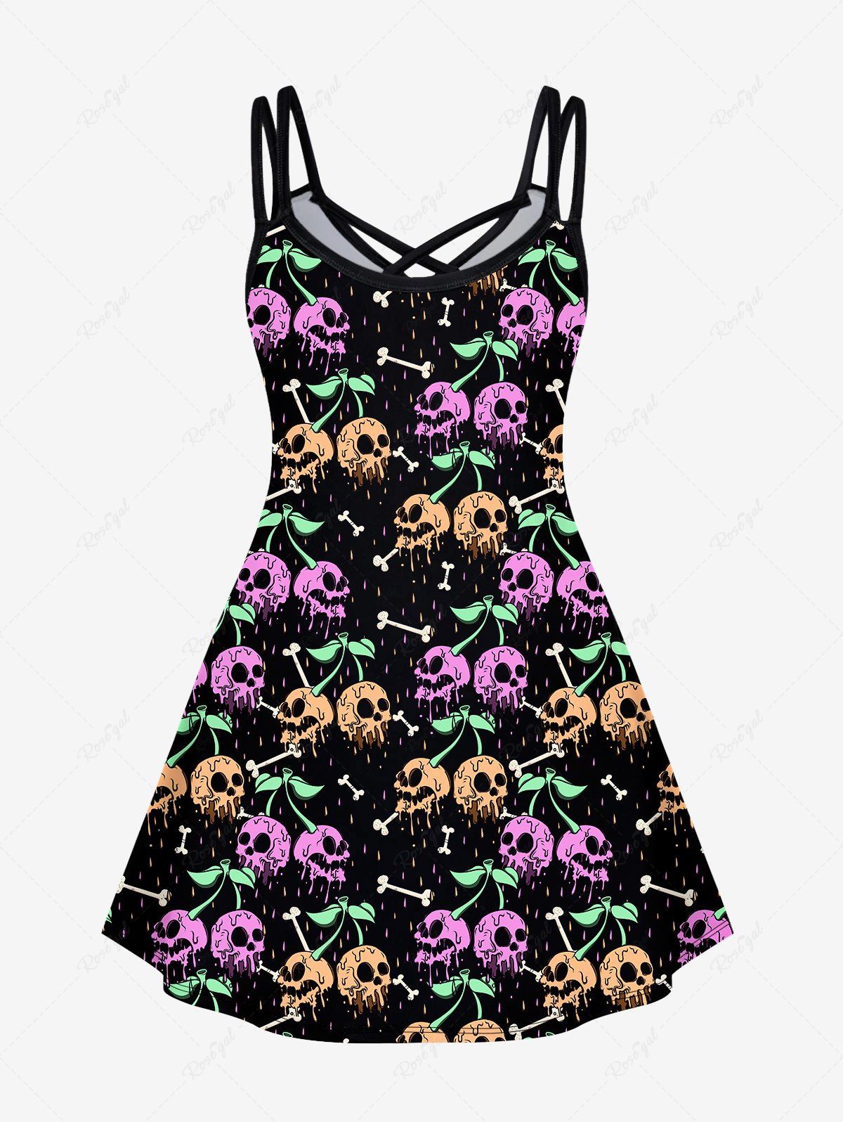 Gothic Plus Size 3D Skulls Cherry Bone Print Halloween Crisscross Cami Dress