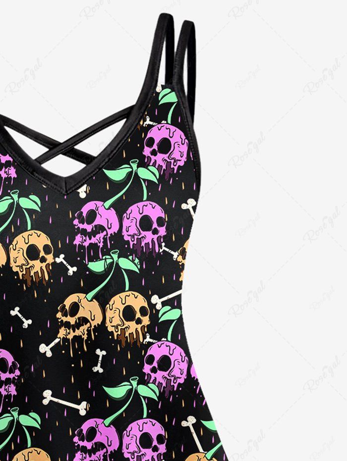 Gothic Plus Size 3D Skulls Cherry Bone Print Halloween Crisscross Cami Dress