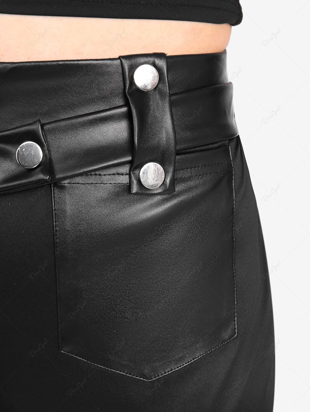 Gothic PU Panel O-Ring Buckle Zipper Pockets Pull On Flare Pants