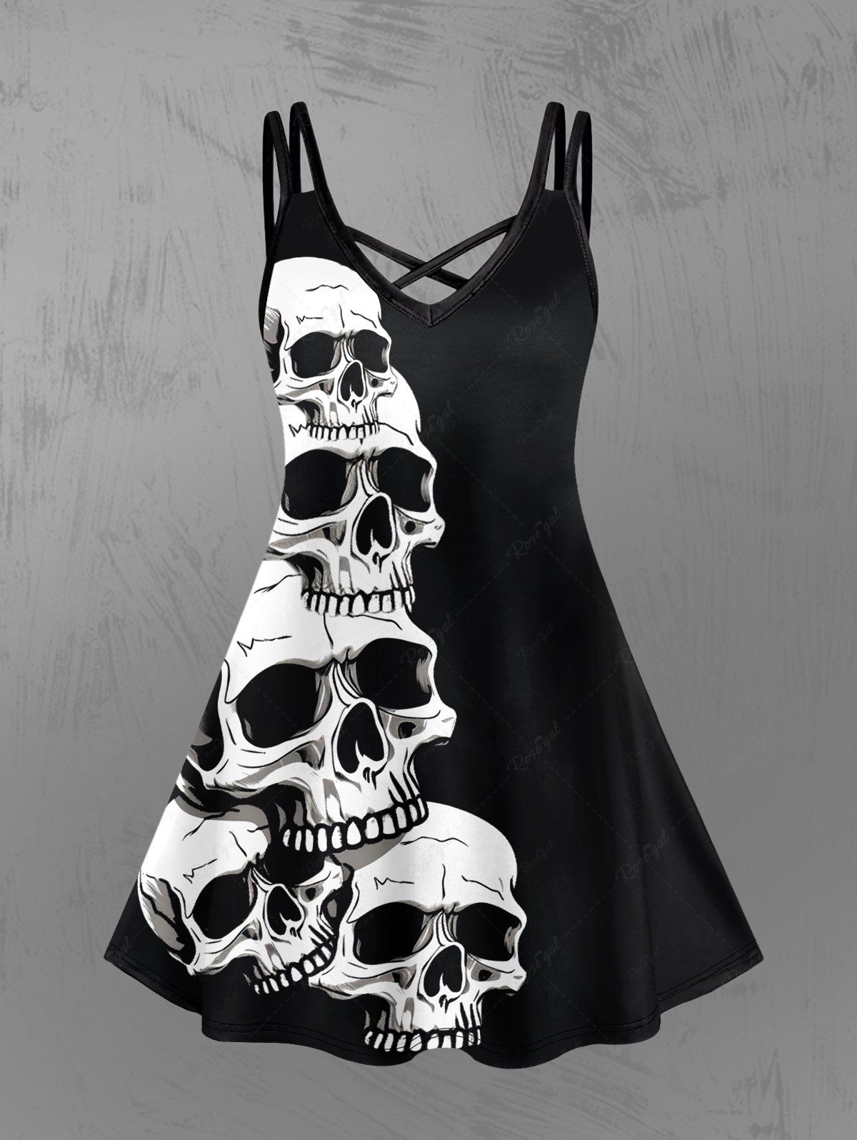 Gothic Plus Size 3D Skulls Print Halloween Crisscross Cami Dress