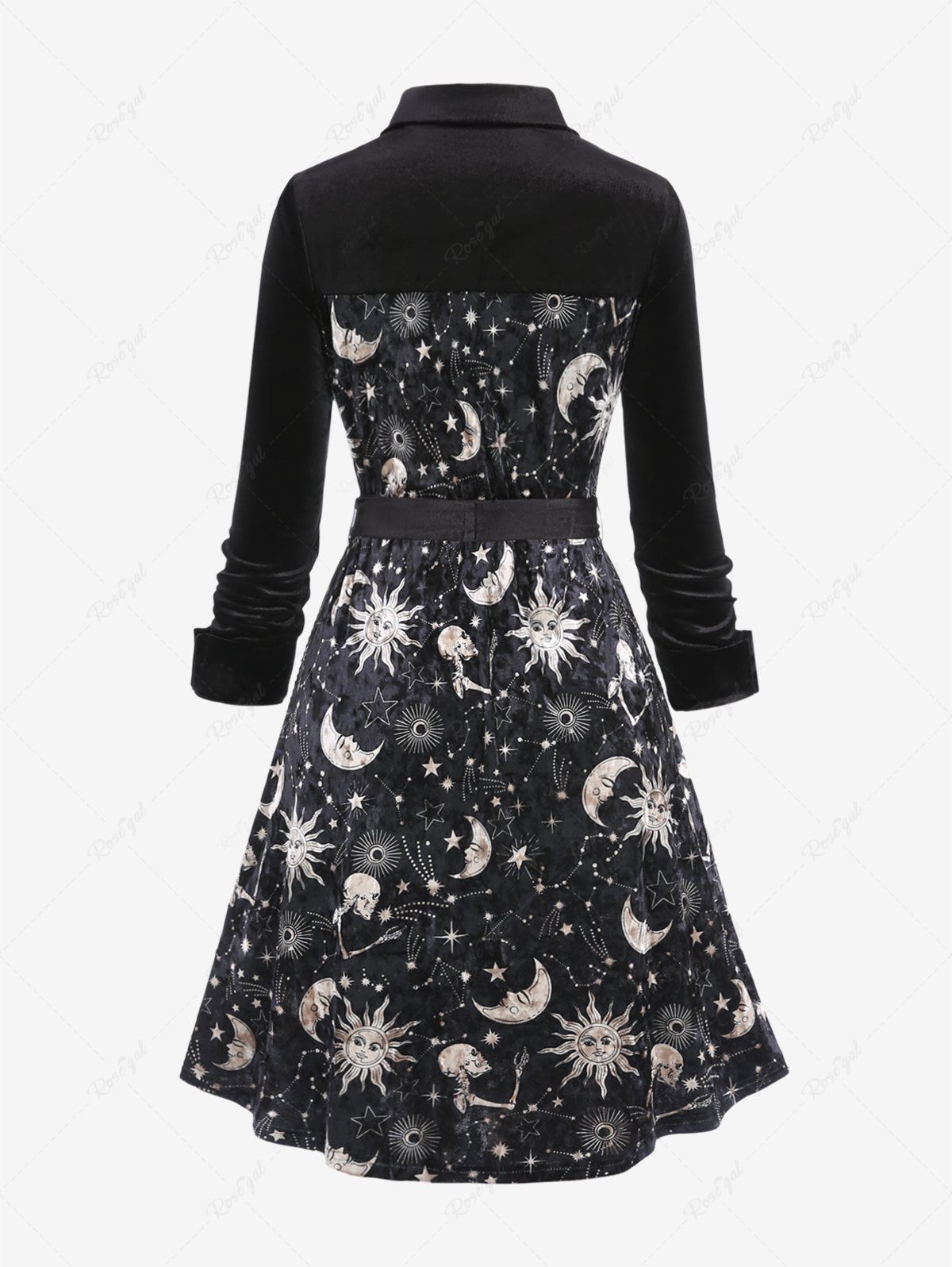 Gothic Plus Size Sun Moon Star Printed Full Buttons Turn-down Collar Tied A Line Shirted Velvet Dress