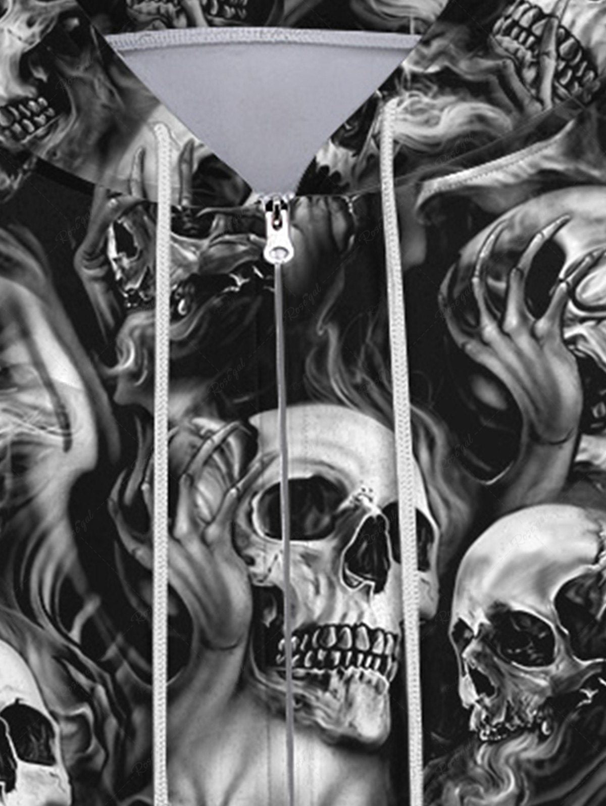 Gothic Halloween Skulls Print Fleece Lining Zipper Drawstring Hoodie For Men