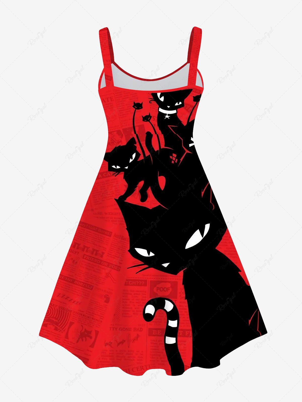 Gothic Plus Size Valentine's Day Cats Newspaper Print Tank Dress