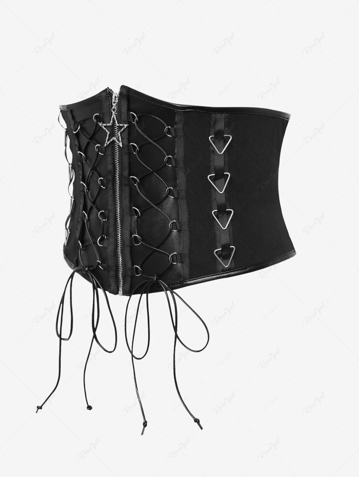 Gothic Lace Up Braided Pentagram Zipper Layered Triangle Rings Underbust Corset