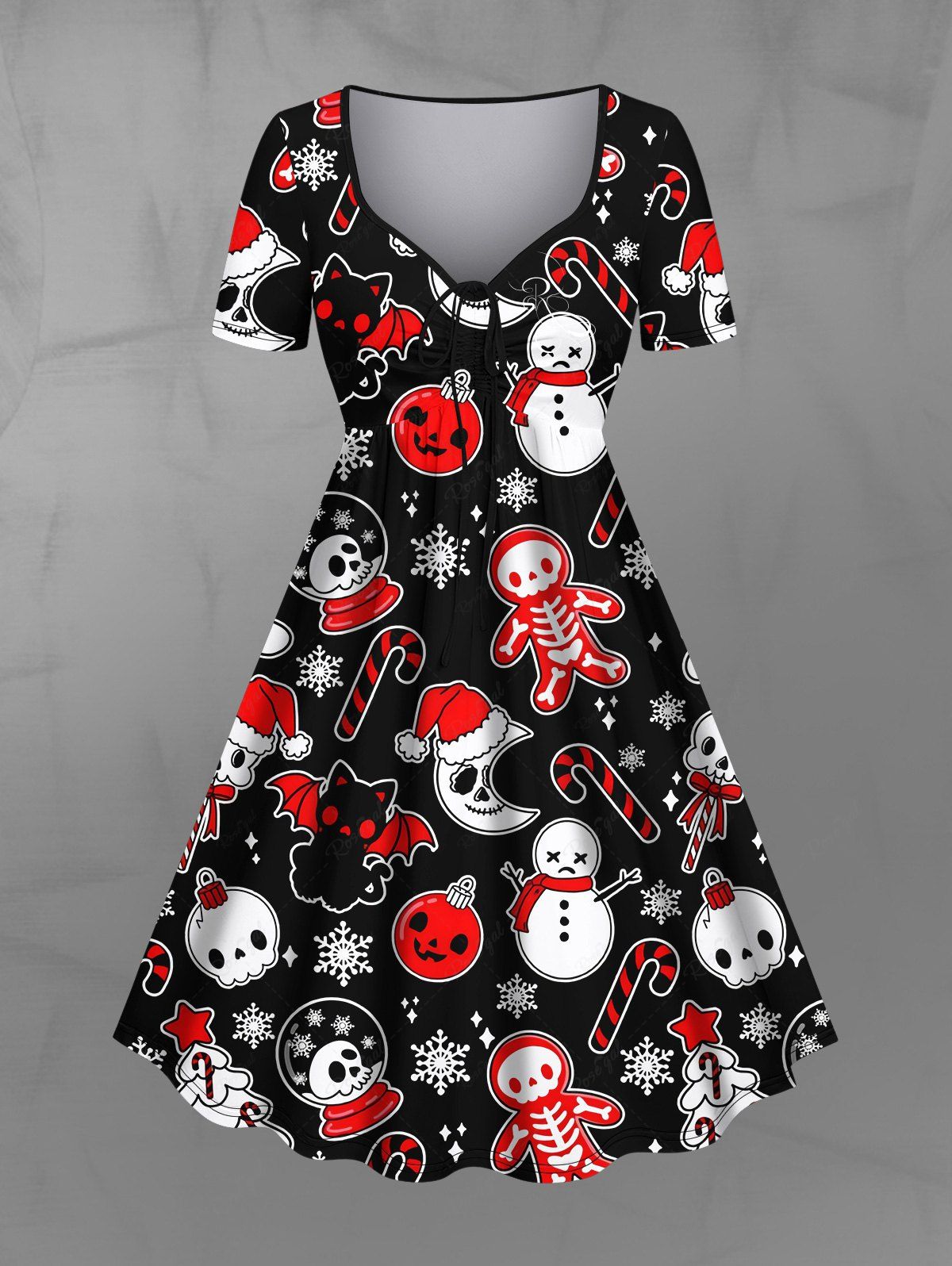 💗DVORAH LOVES💗 Gothic Plus Size Snowman Cat Bat Skulls Skeleton Snowflake Moon Candy Print Christmas Cinched Dress