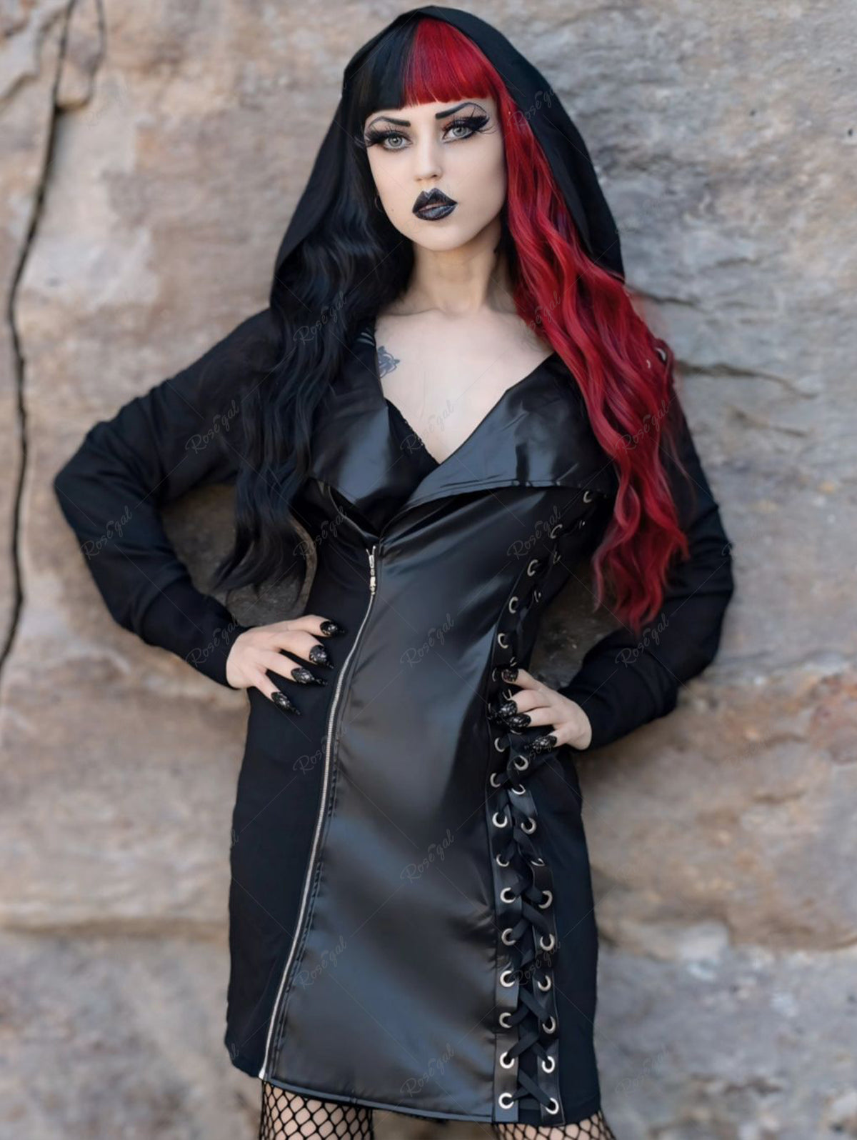 Gothic Plus Size PU Panel Turn-down Collar Grommet Lace Up Braided Side Zip Hooded Coat