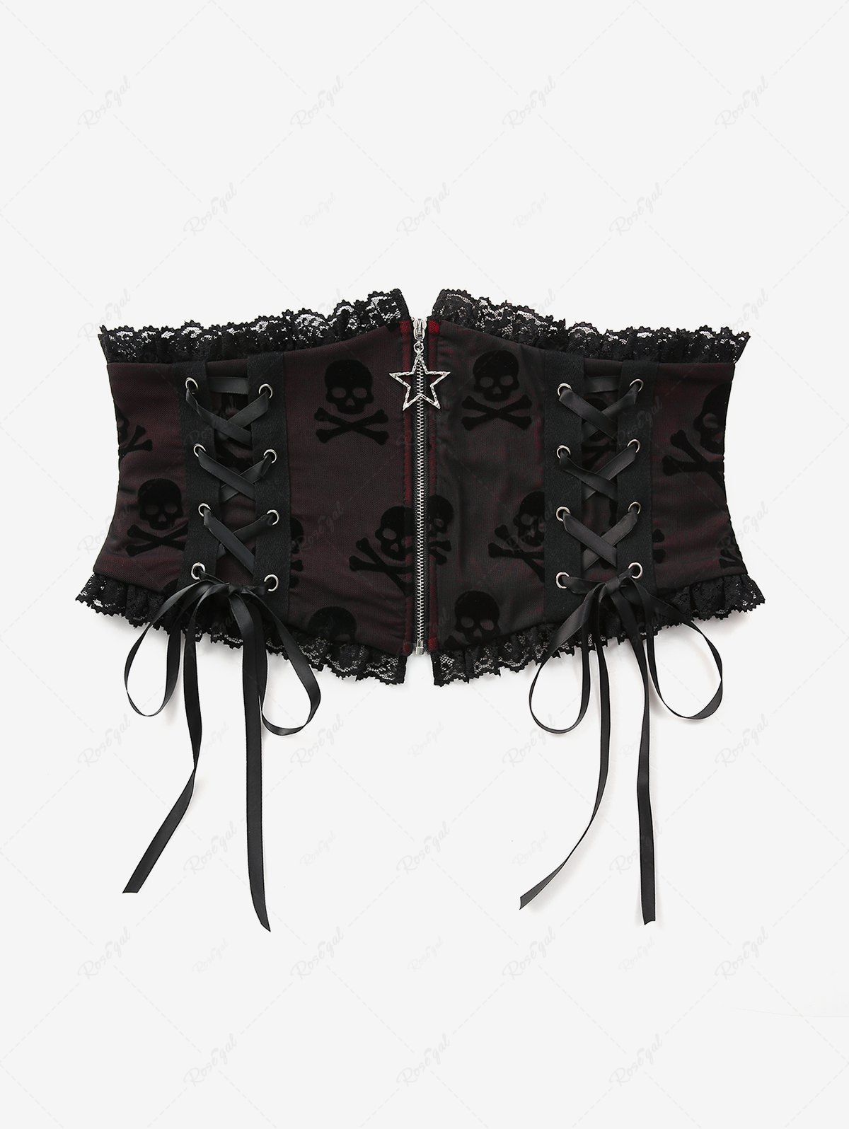 Gothic Skulls Mesh Flocking Lace Trim Pentagram Star Zipper Lace Up Underbust Corset Belt