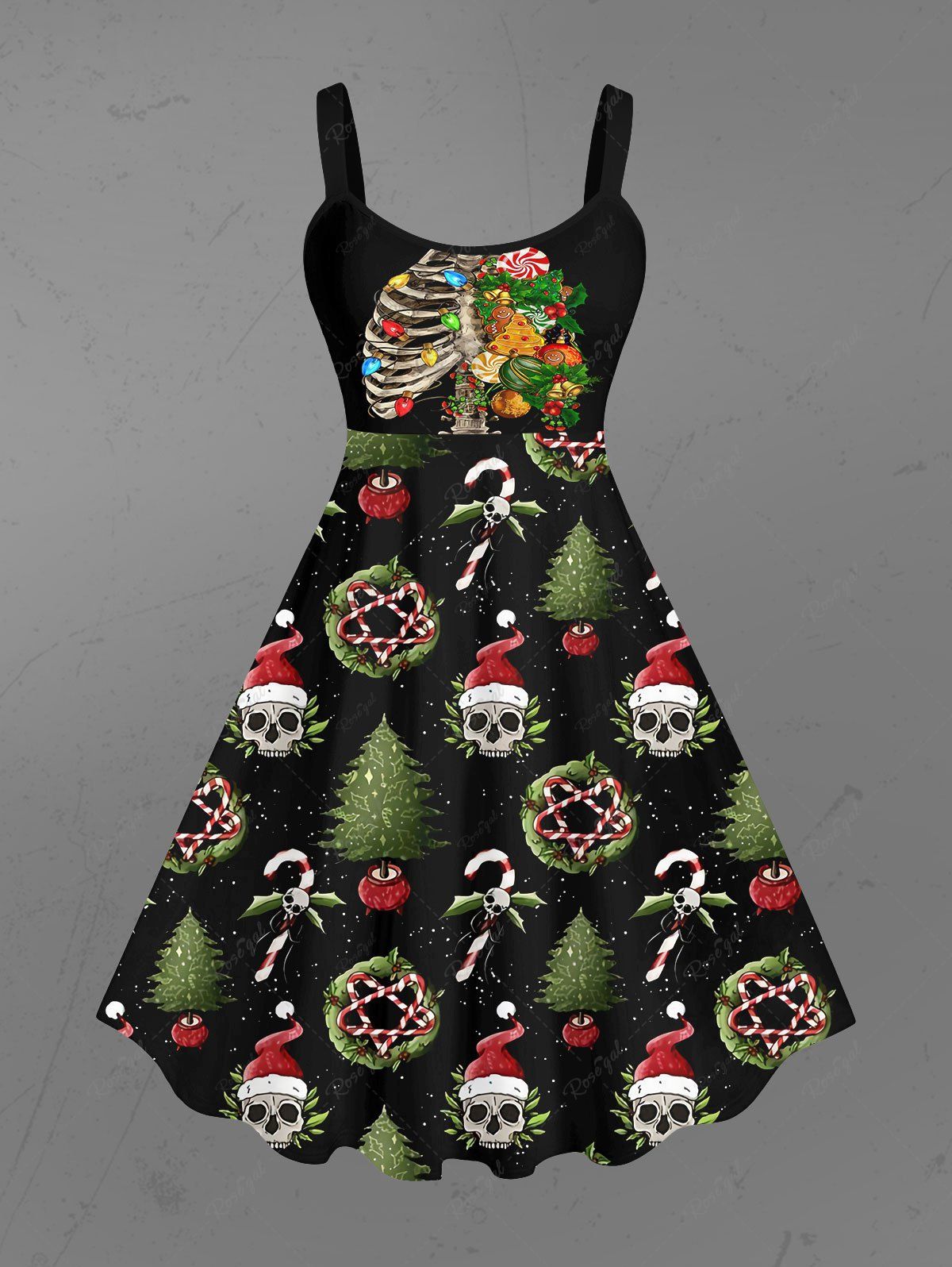 💗Danae_lovecraft Loves💗 Gothic Skeleton Christmas Tree Hat Wreath Skulls Candy Print Tank Dress
