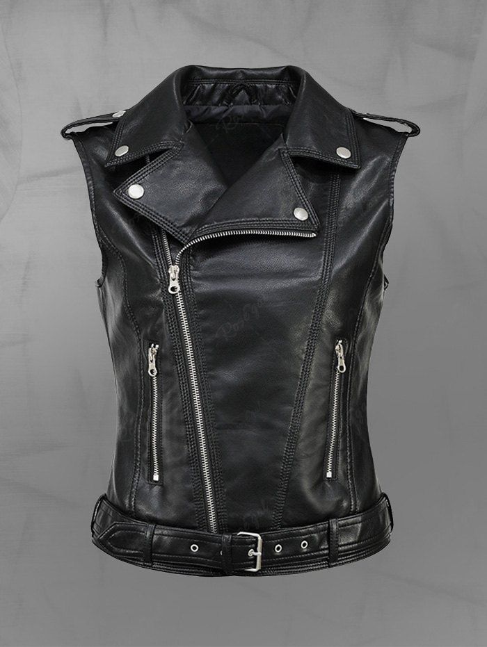 Gothic Plus Size PU Panel Notched Collar Zipper Mock Rivet Buttons Buckle Grommet Sleeveless Jacket