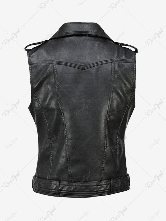 Gothic Plus Size PU Panel Notched Collar Zipper Mock Rivet Buttons Buckle Grommet Sleeveless Jacket