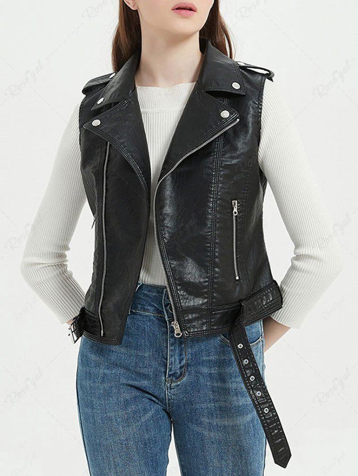 Gothic Plus Size PU Panel Notched Collar Zipper Mock Rivet Buttons Buckle Grommet Sleeveless Jacket