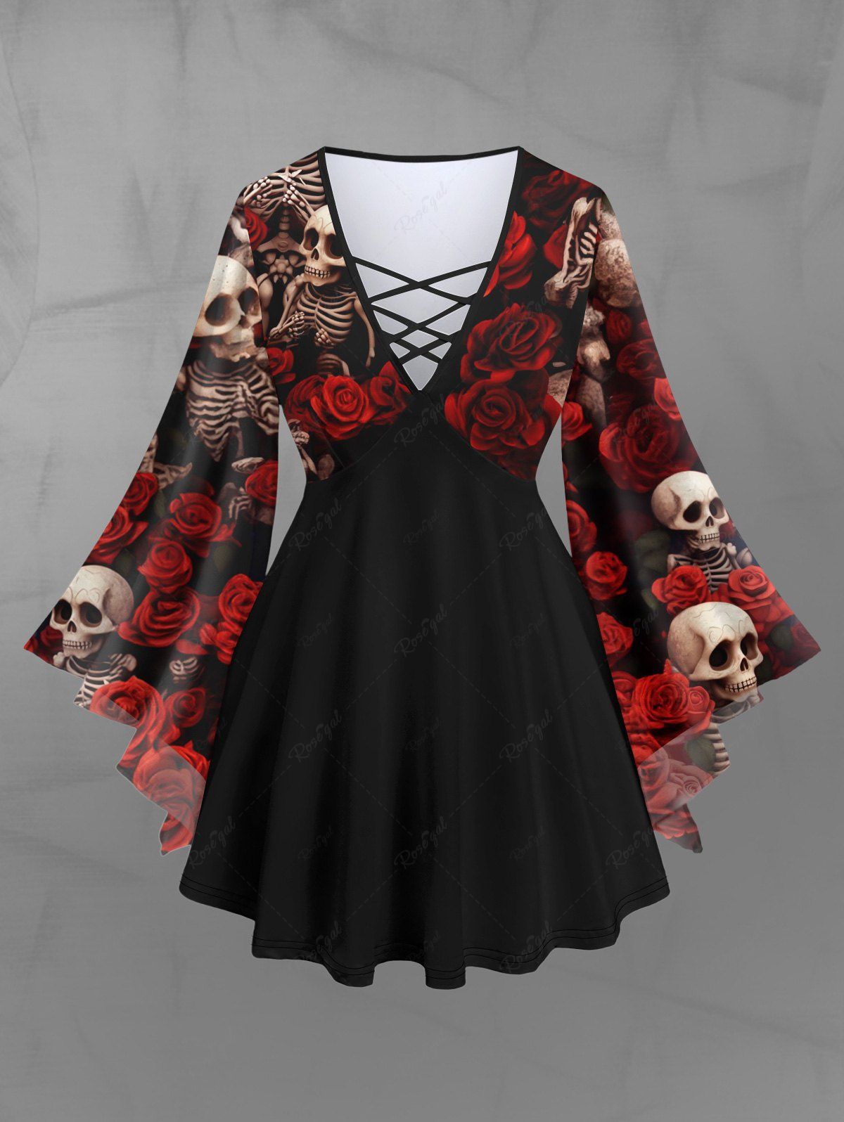 Gothic Plus Size Valentine's Day Skeleton Skull Rose Flower Print Flare Sleeves Crisscross Blouse Top