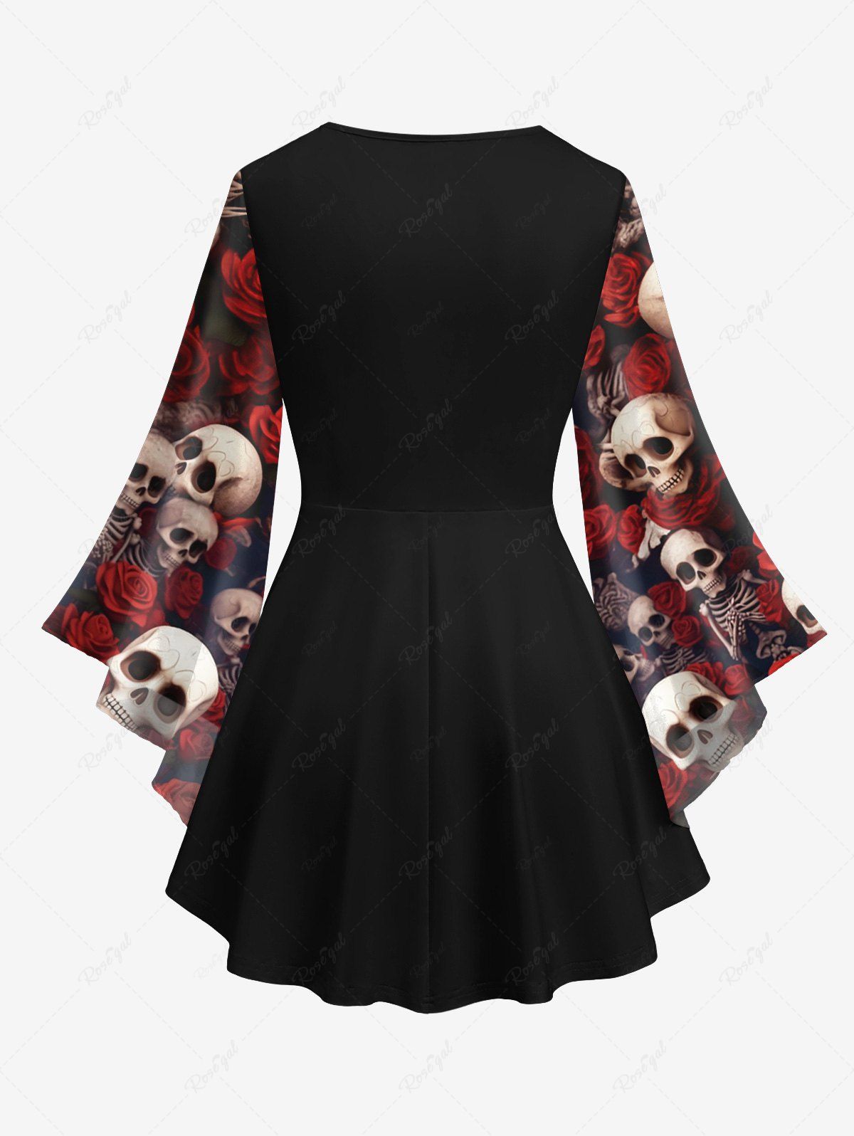 Gothic Plus Size Valentine's Day Skeleton Skull Rose Flower Print Flare Sleeves Crisscross Blouse Top