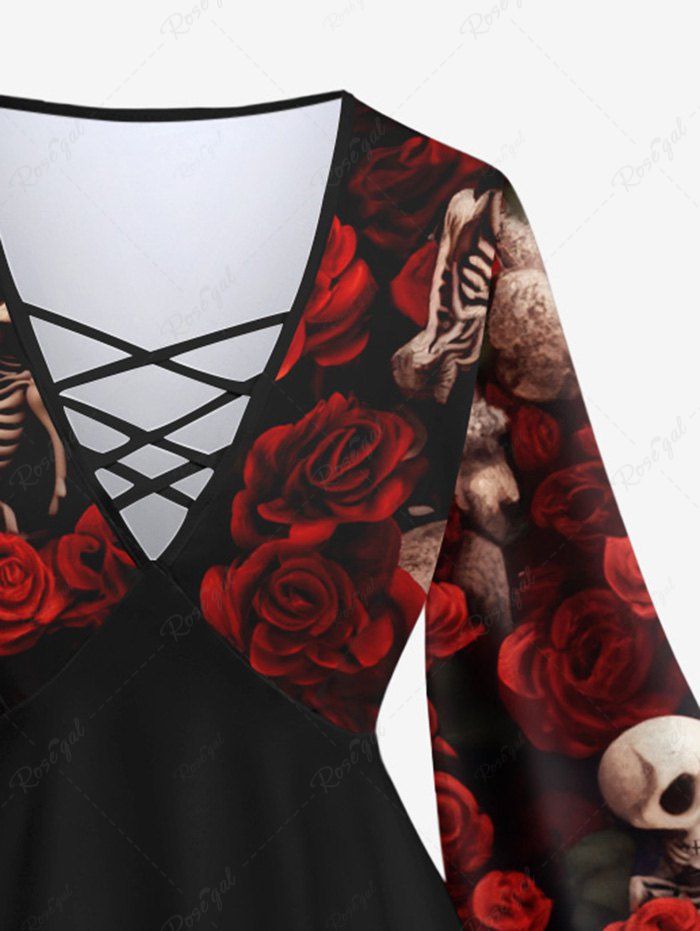 Gothic Plus Size Valentine's Day Skeleton Skull Rose Flower Print Flare Sleeves Crisscross Blouse Top