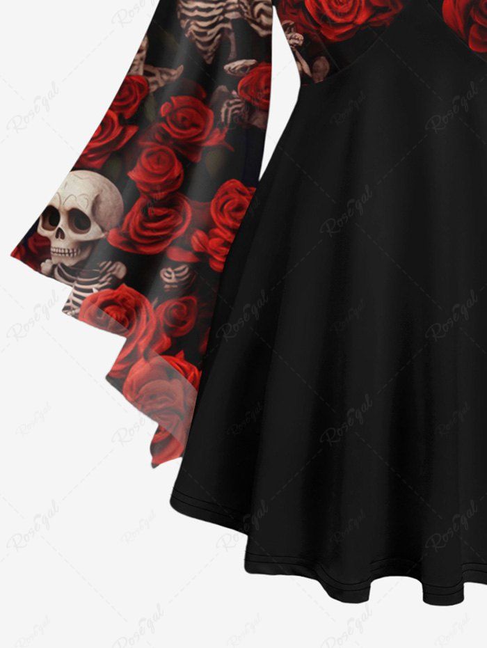 Gothic Plus Size Valentine's Day Skeleton Skull Rose Flower Print Flare Sleeves Crisscross Blouse Top