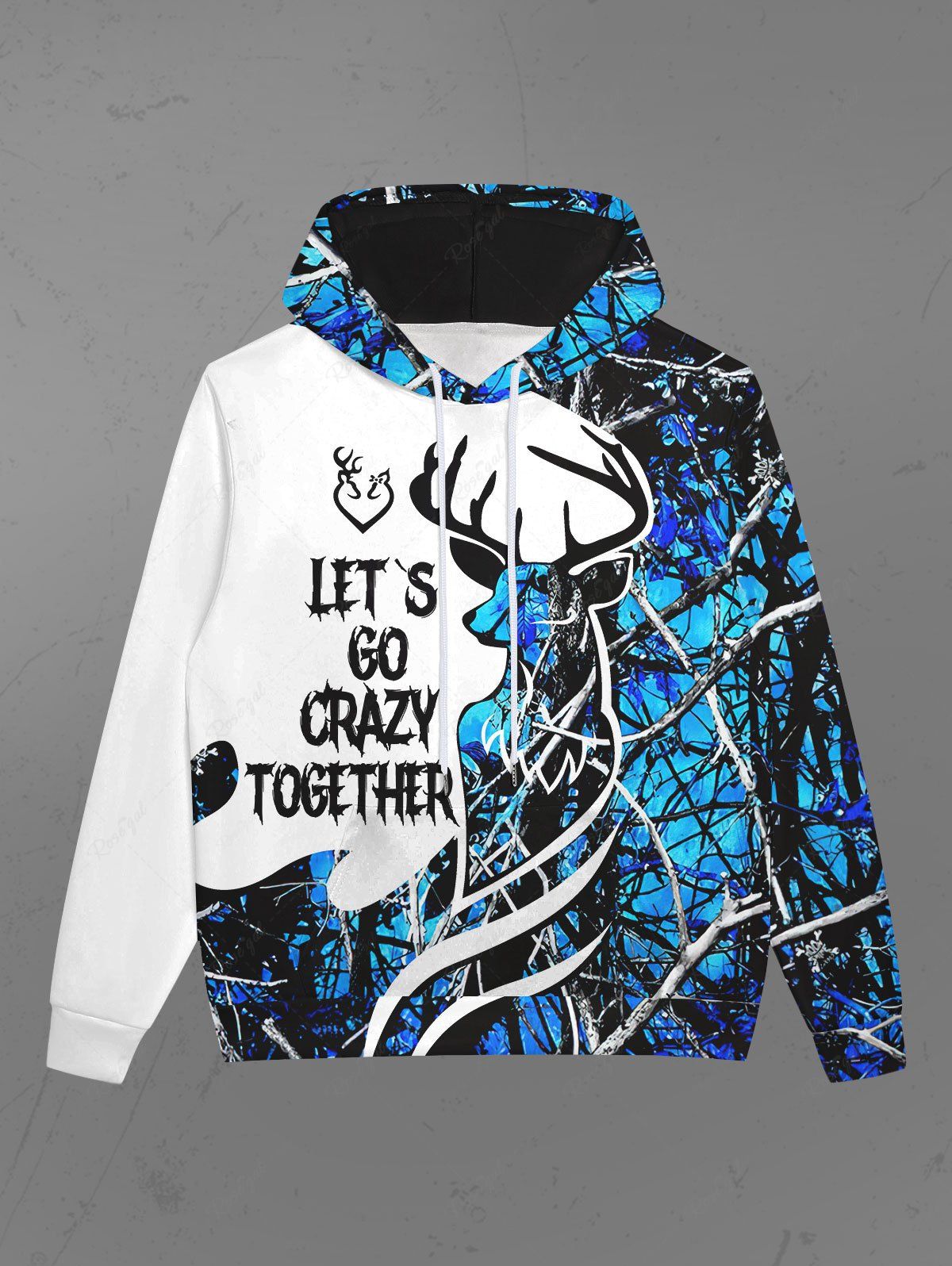 Gothic Christmas Elk Branch Colorblock Letters Print Pocket Fleece Lining Pullover Hoodie For Men