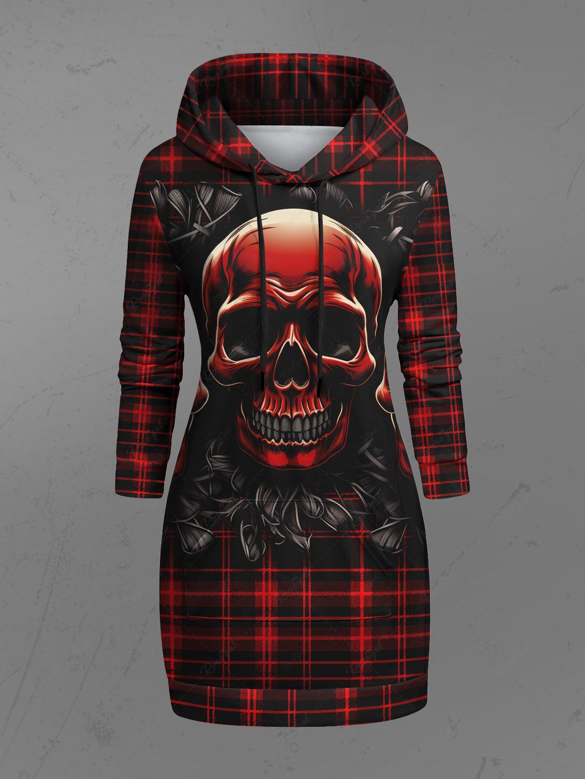 Gothic Plus Size 3D Skull Ombre Plaid Print Pocket Drawstring Pullover Halloween Hoodie