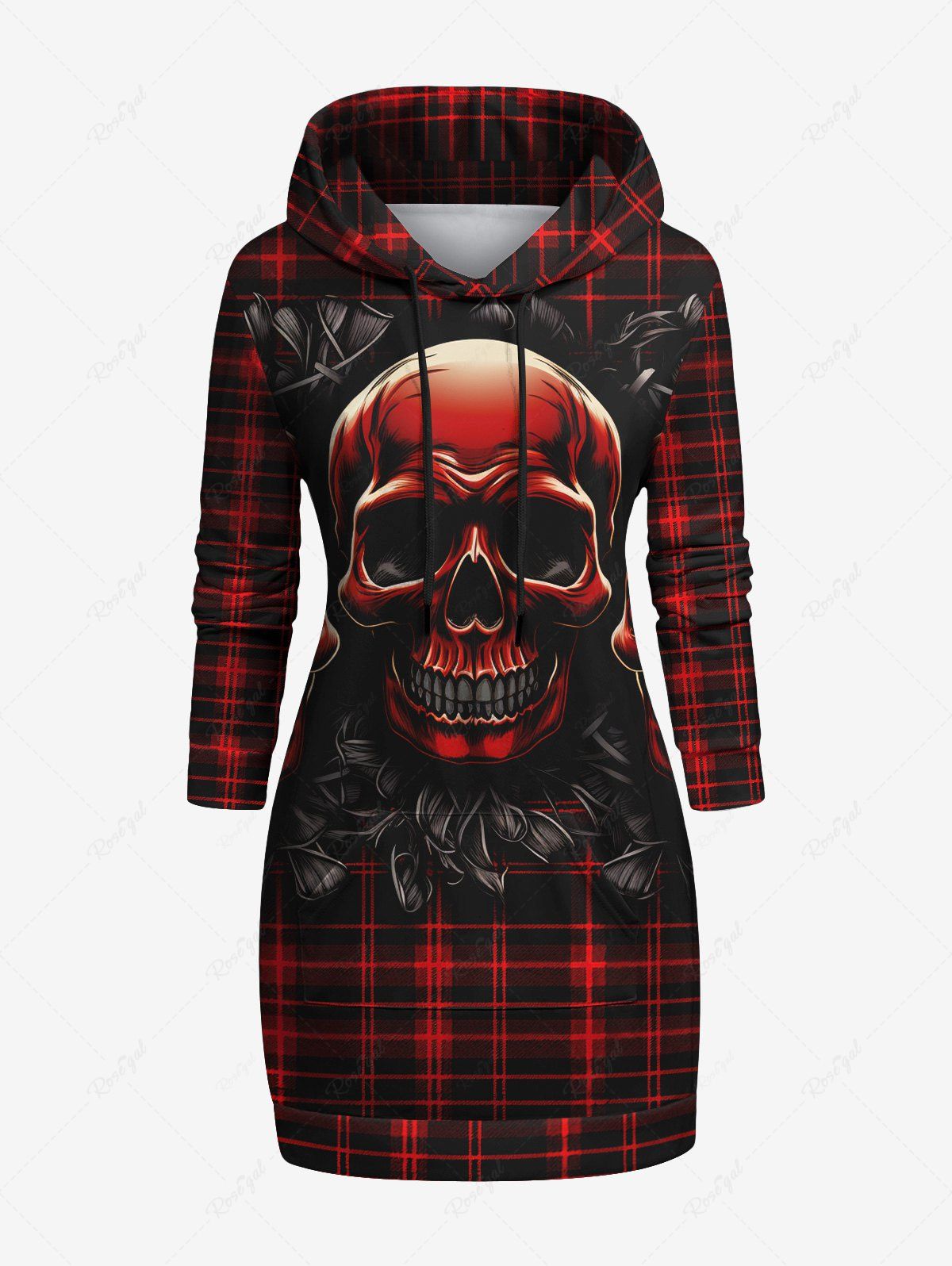 Gothic Plus Size 3D Skull Ombre Plaid Print Pocket Drawstring Pullover Halloween Hoodie