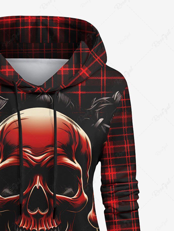 Gothic Plus Size 3D Skull Ombre Plaid Print Pocket Drawstring Pullover Halloween Hoodie