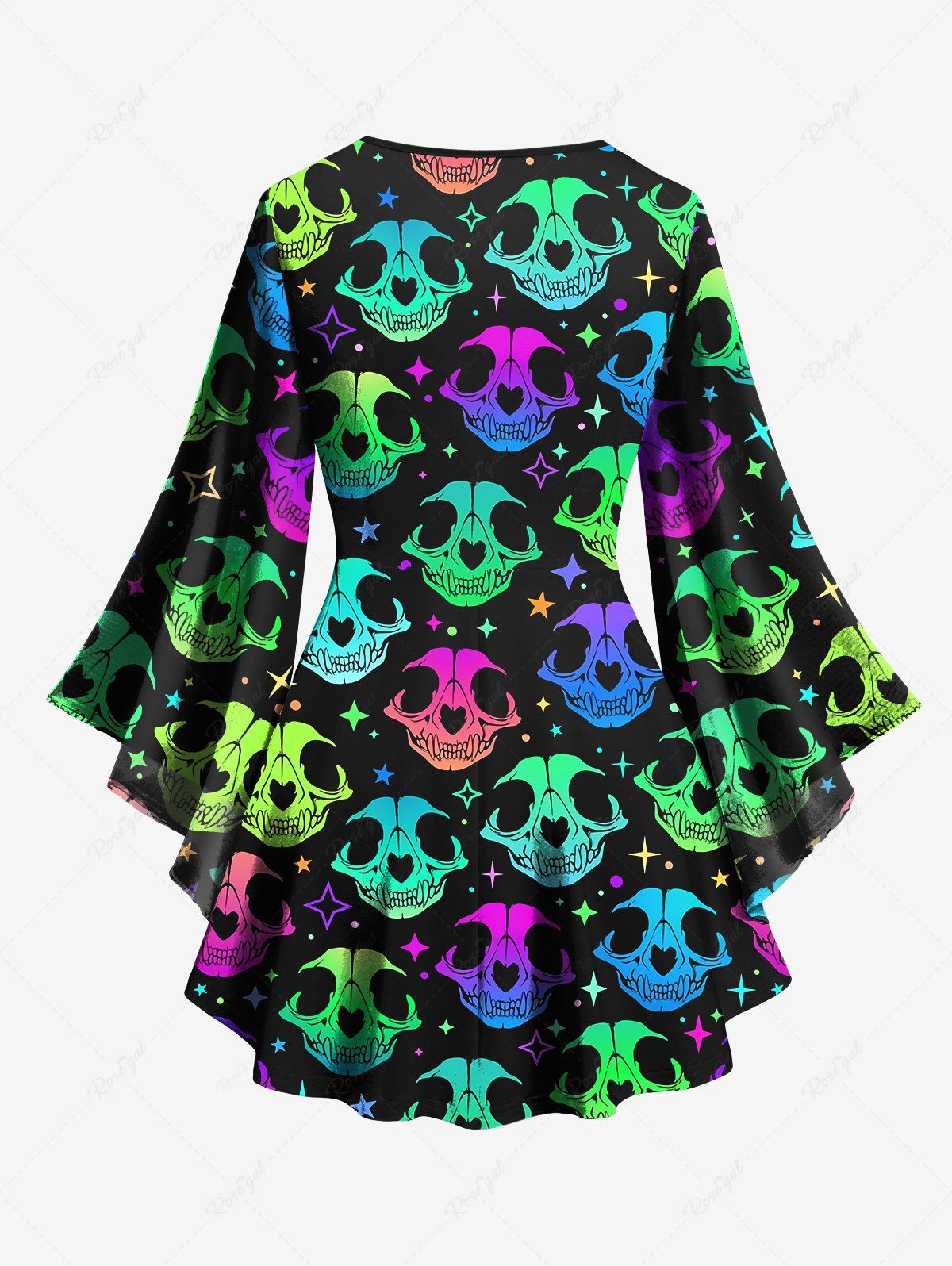 Gothic Colorful Ombre Skulls Stars Print Halloween Lattice Flare Sleeves Blouse