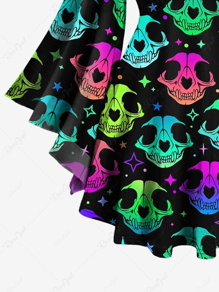 Gothic Colorful Ombre Skulls Stars Print Halloween Lattice Flare Sleeves Blouse
