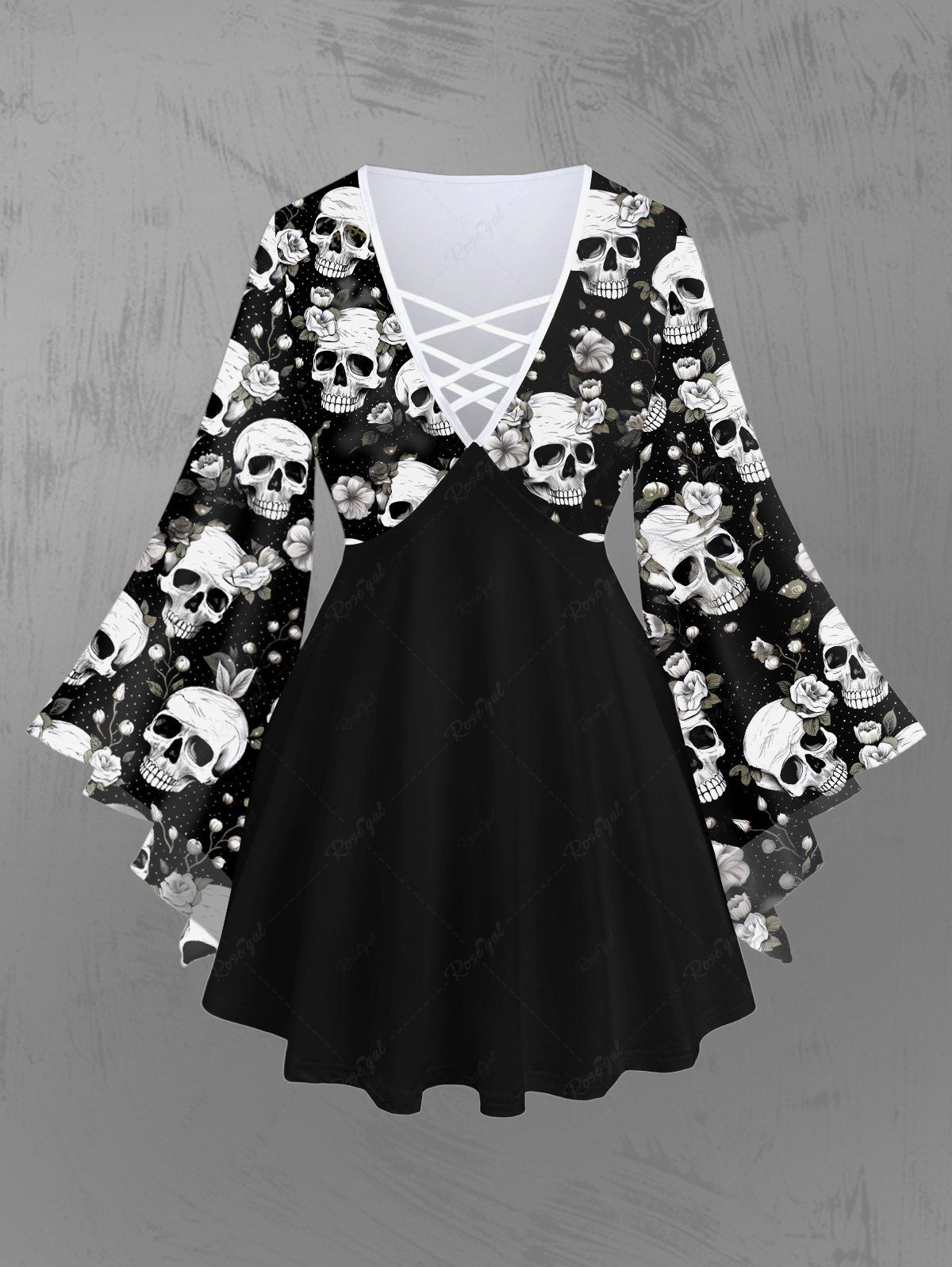 Gothic Plus Size Flare Sleeves 3D Skulls Floral Polka Dot Print Lattice Patchwork Halloween Blouse