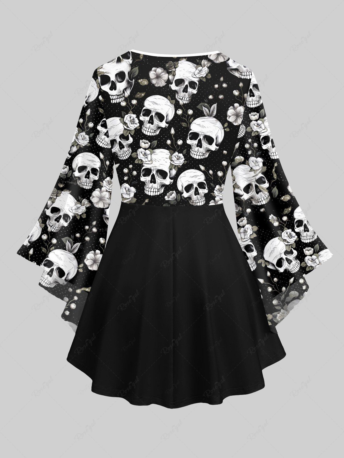 Gothic Plus Size Flare Sleeves 3D Skulls Floral Polka Dot Print Lattice Patchwork Halloween Blouse