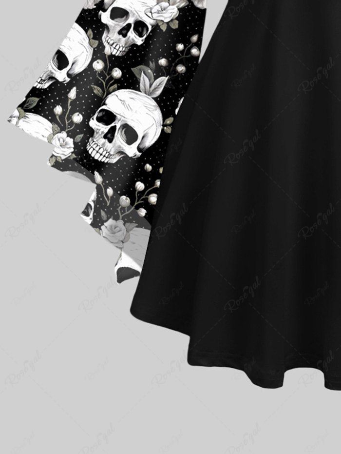 Gothic Plus Size Flare Sleeves 3D Skulls Floral Polka Dot Print Lattice Patchwork Halloween Blouse