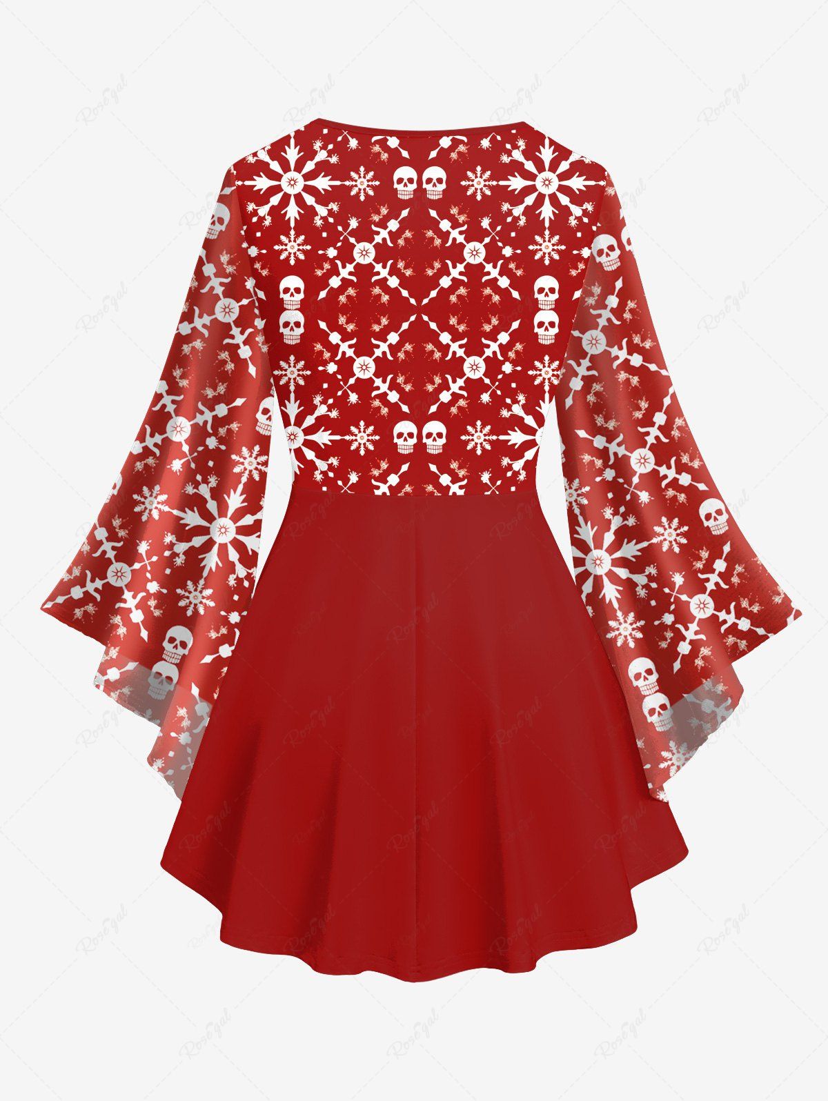 Gothic Skulls Snowflake Christmas Graphic Print Long Flare Sleeves Lattice Blouse