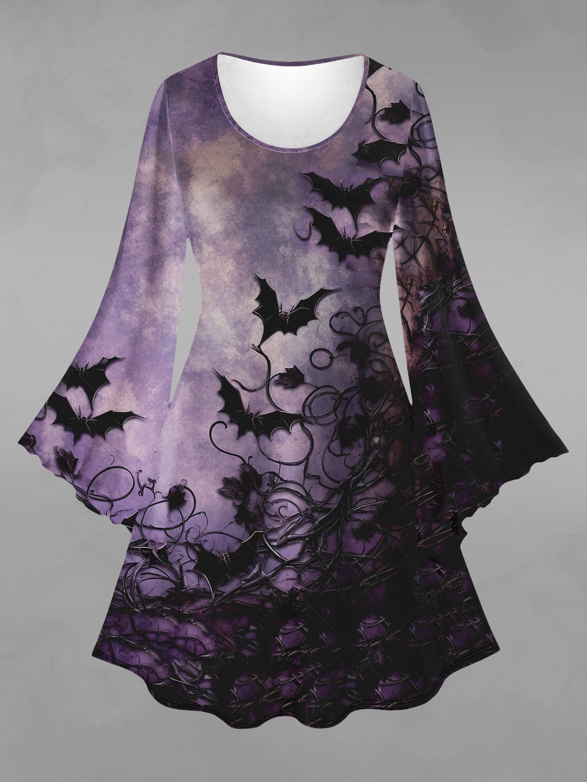 Gothic Halloween Distressed Tie Dye Bat Vine Print Flare Sleeve A Line Dress