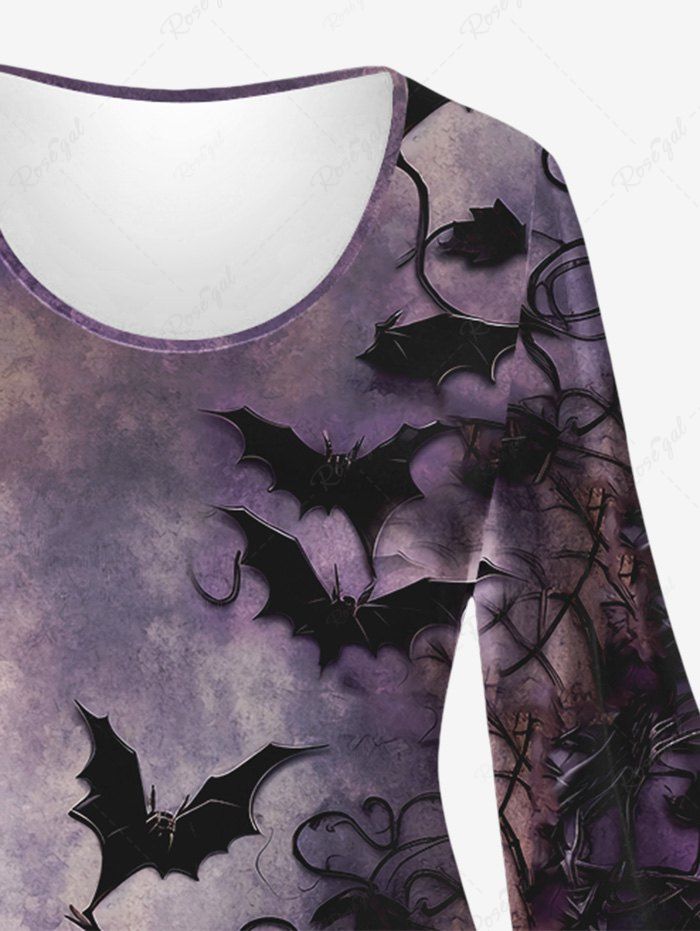 Gothic Halloween Distressed Tie Dye Bat Vine Print Flare Sleeve A Line Dress