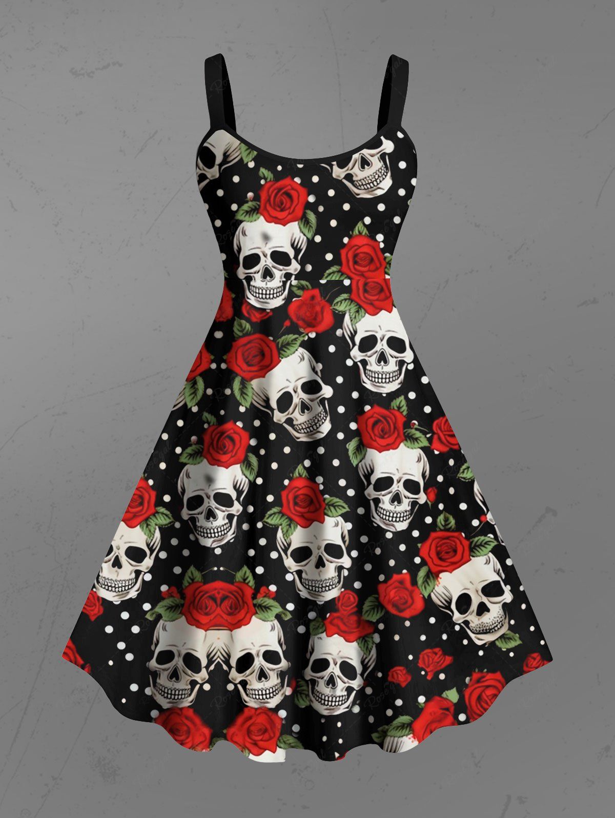Gothic Halloween Skulls Rose Polka Dots Print A Line Tank Dress