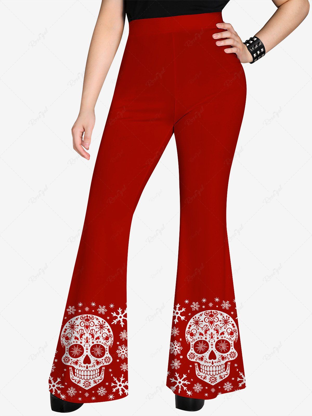 Gothic Skulls Snowflake Christmas Graphic Print Pull On Flare Pants