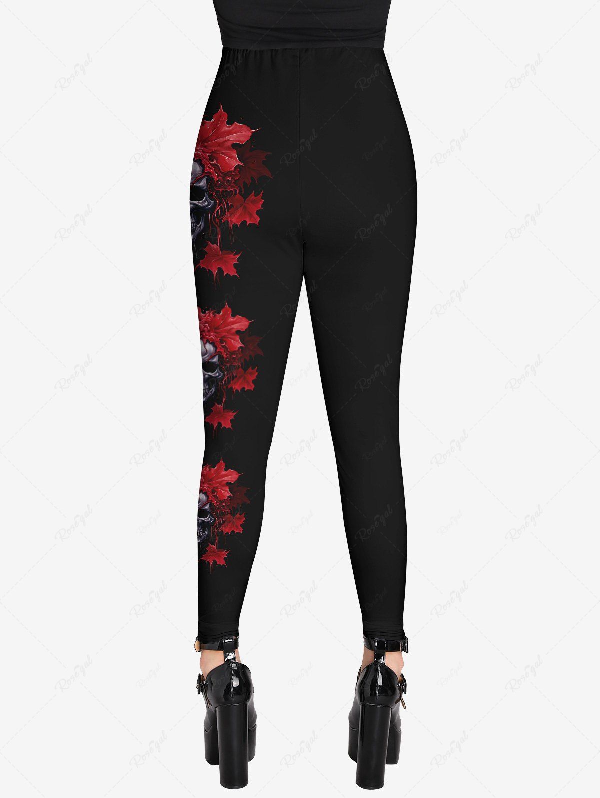 Gothic Plus Size 3D Skulls Bloody Maple Leaf Side Print Halloween Skinny Leggings