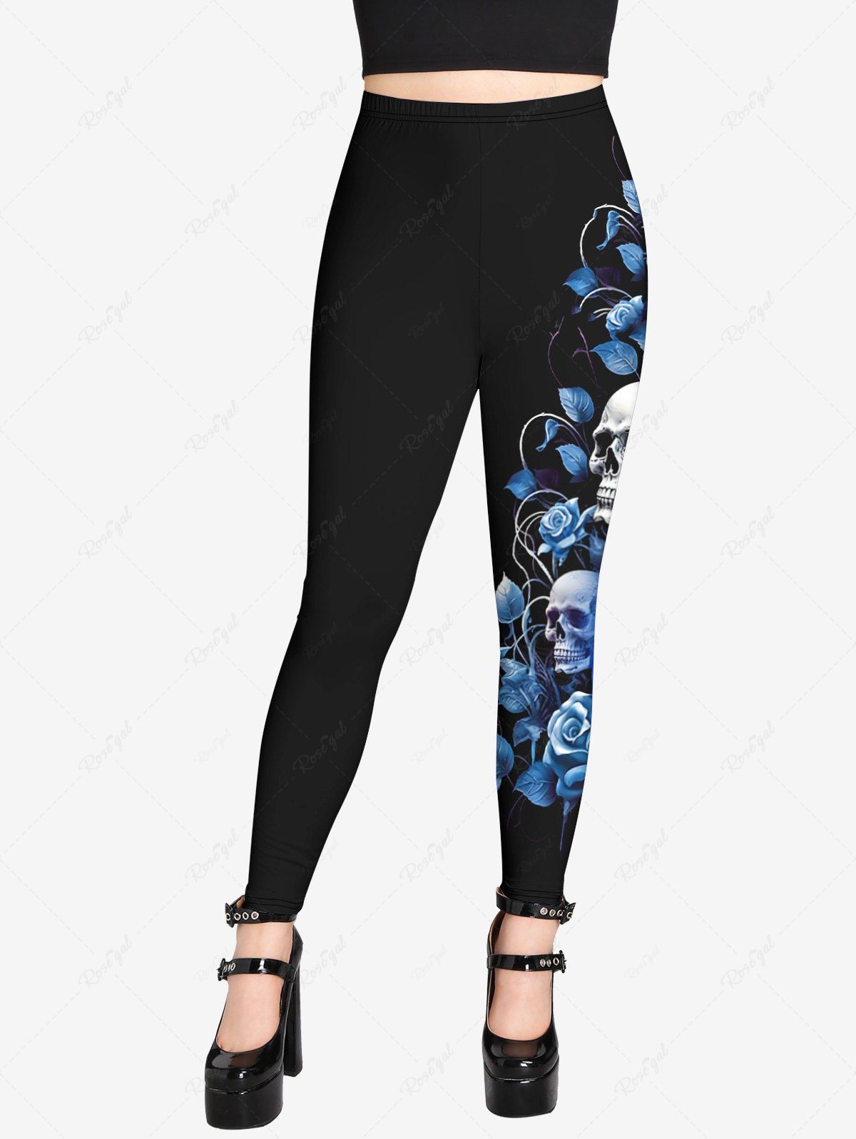 Gothic Plus Size 3D Skulls Blue Rose Flower Leaf Side Print Halloween Skinny Leggings