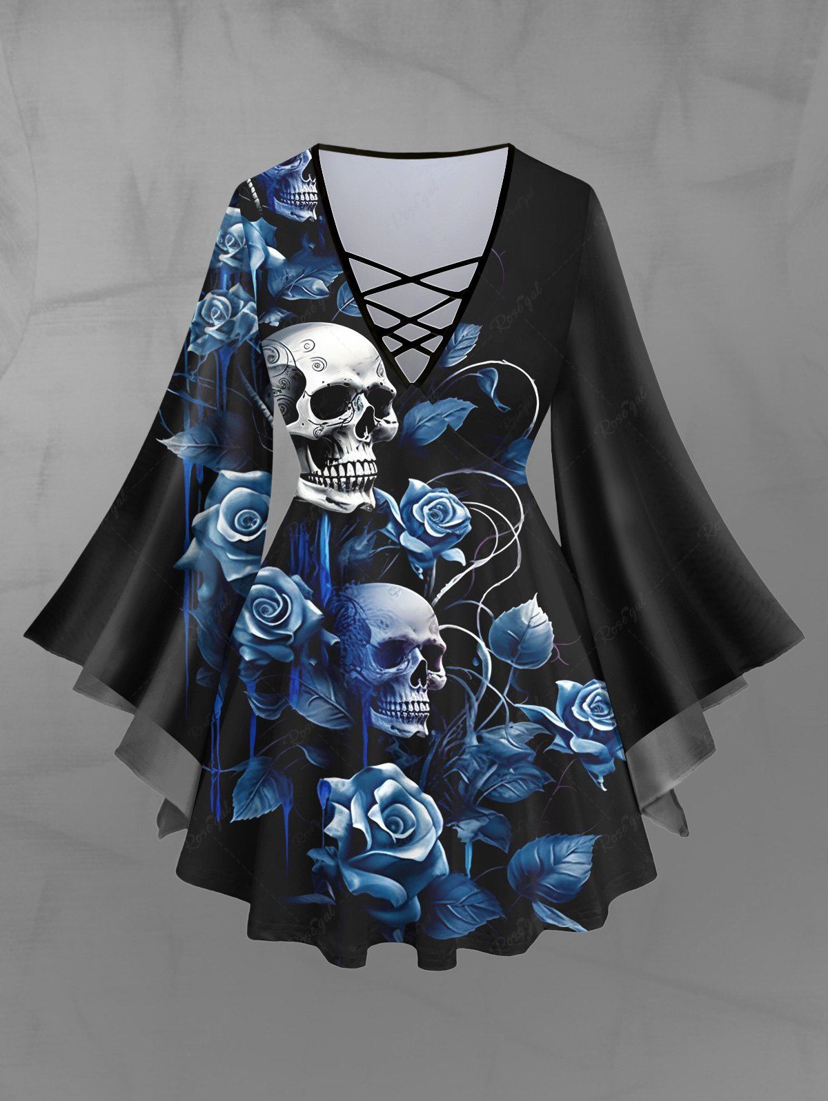 Gothic Plus Size Flare Sleeves 3D Skulls Bloody Blue Rose Flower Leaf Print Halloween Lattice Blouse