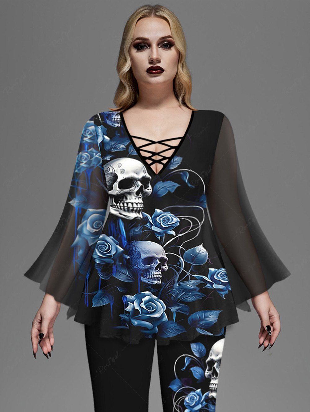 Gothic Plus Size Flare Sleeves 3D Skulls Bloody Blue Rose Flower Leaf Print Halloween Lattice Blouse